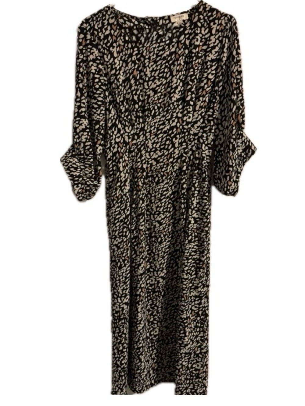 Umgee Abstract Animal Print Midi Dress Black/Cream Tab Sleeve Boho Casual Size M